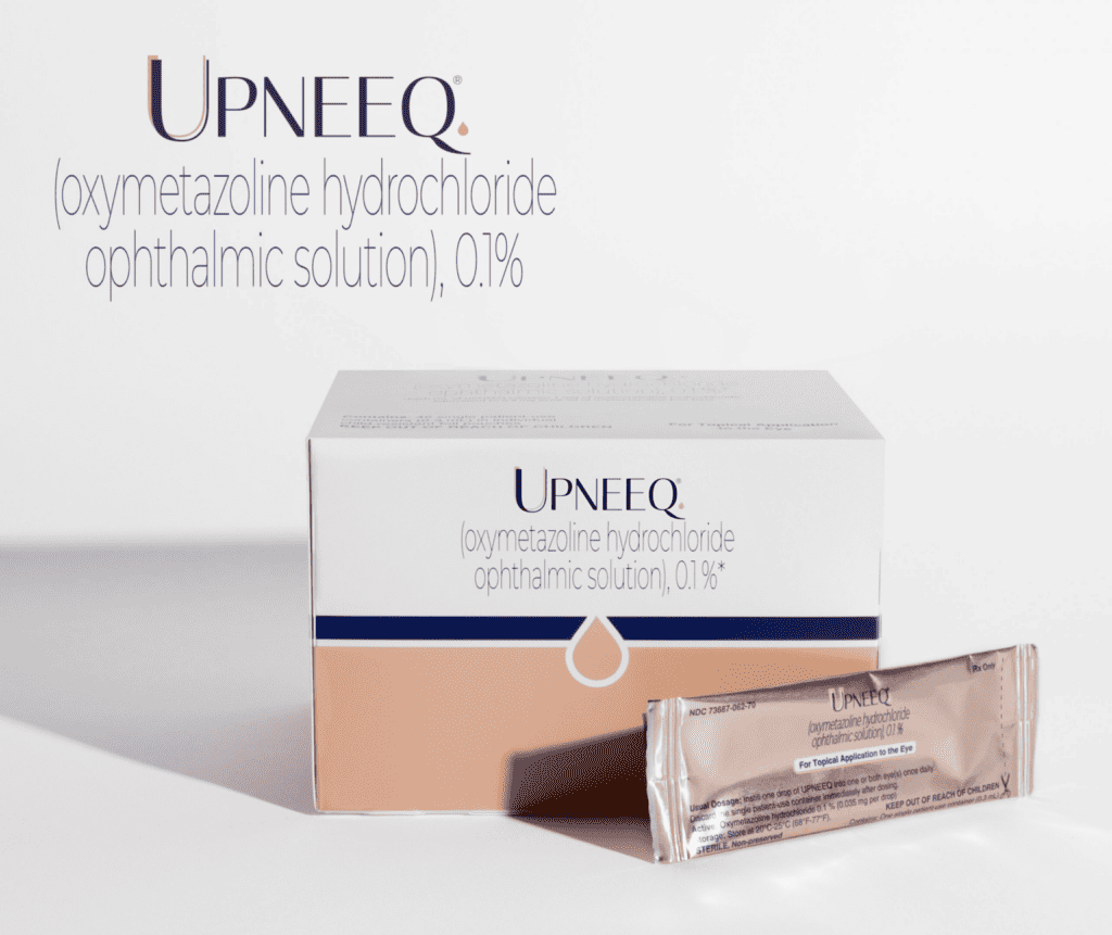Product image of UPNEEQ ophthalmic solution box and single-use vial at Homa Rejuvenation